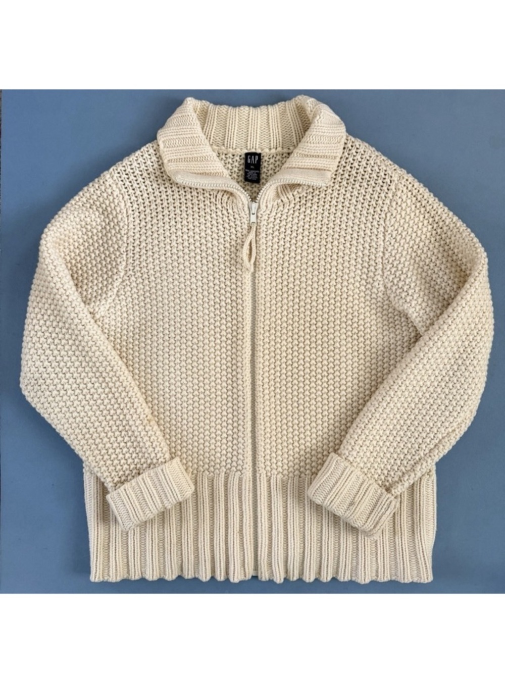Vintage GAP Lambswool Cream‎ Chunky Knit Zip Up Cardigan Sweater